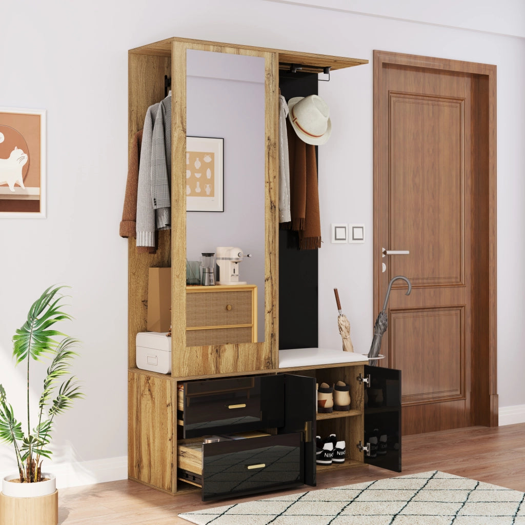 Mobile guardaroba con specchio e panca; 100 ¡Á 38 ¡Á 180 cm; nero e naturale