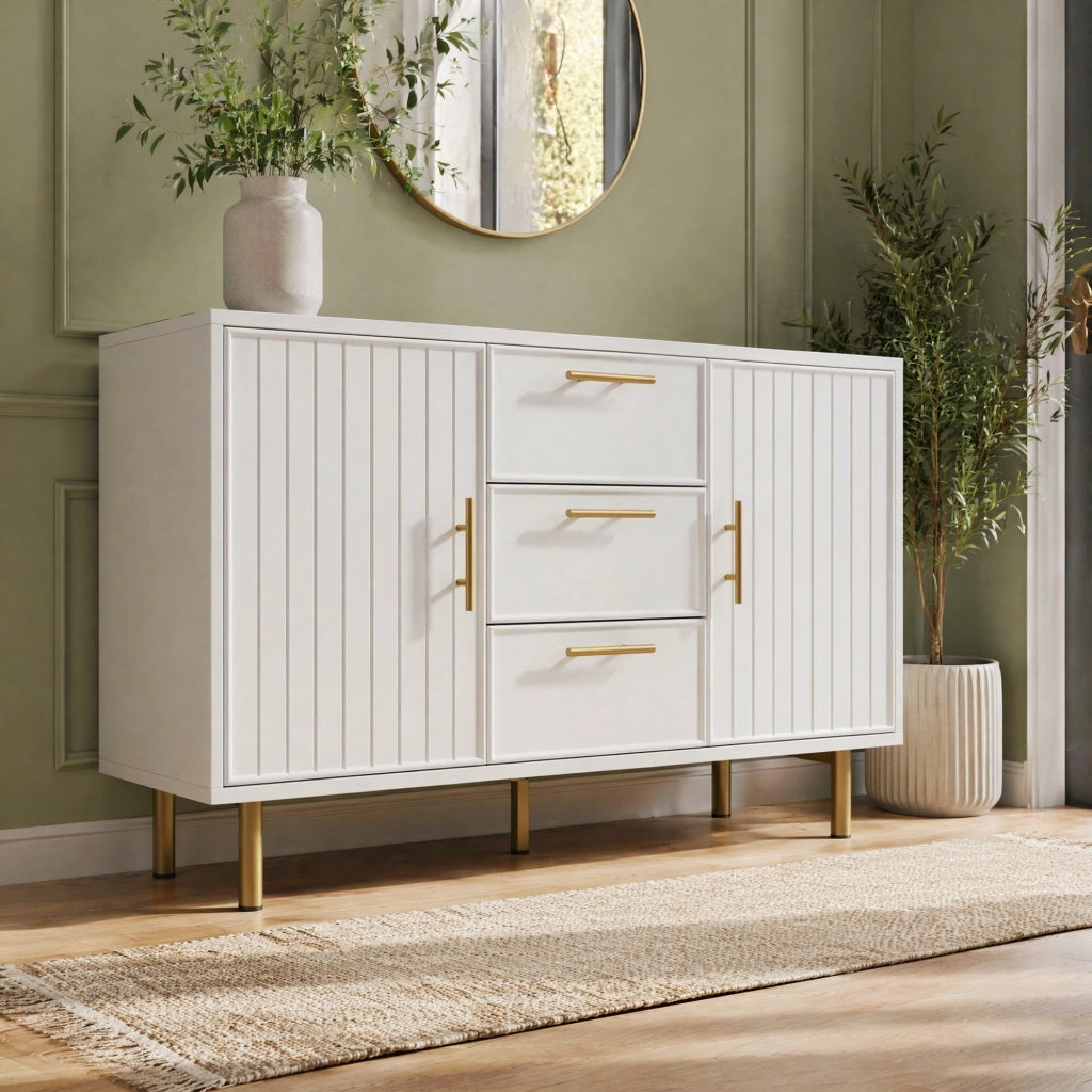 Madia 120x40x75 cm con 2 ante; 3 cassetti e ripiano regolabile in pannello truciolare bianco
