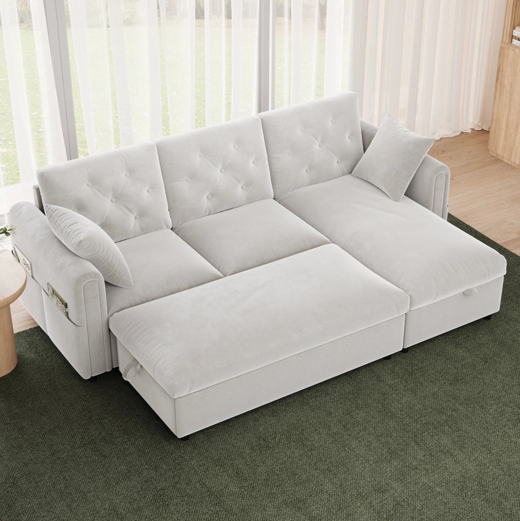Divano moderno beige con chaise longue reversibile e pouf contenitore, 219 x 131 x 86 cm