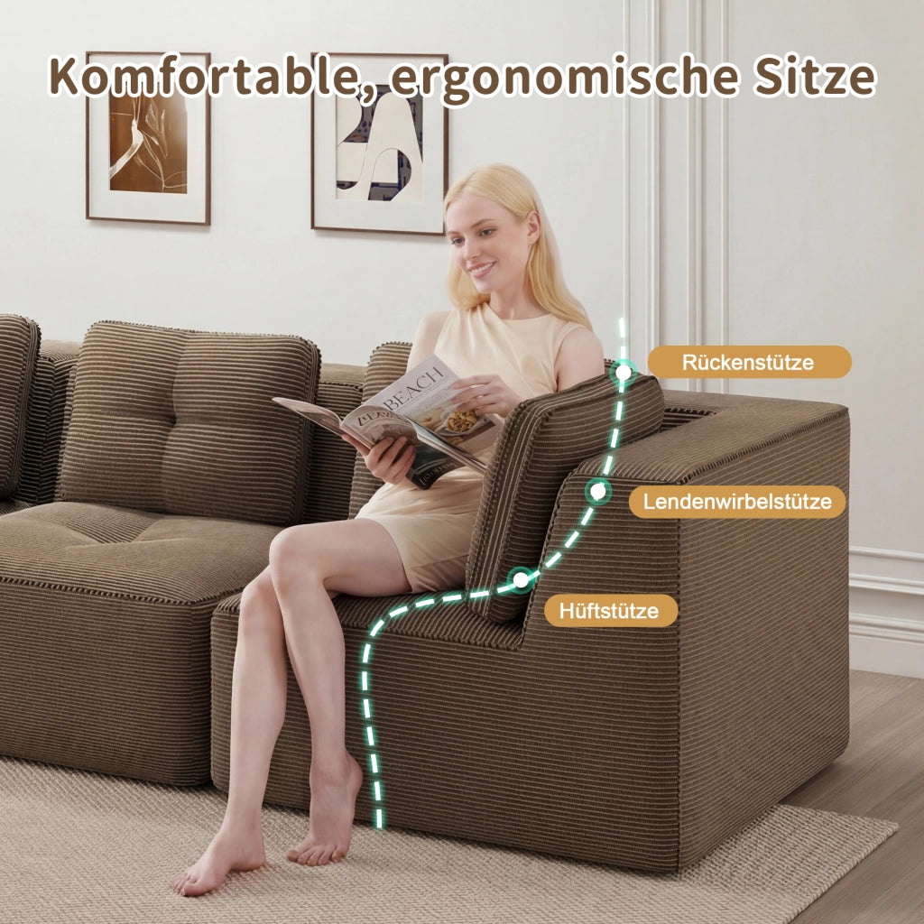 Divano angolare modulare senza struttura con seduta profonda e braccioli larghi in corduroy marrone per soggiorno e camera da letto