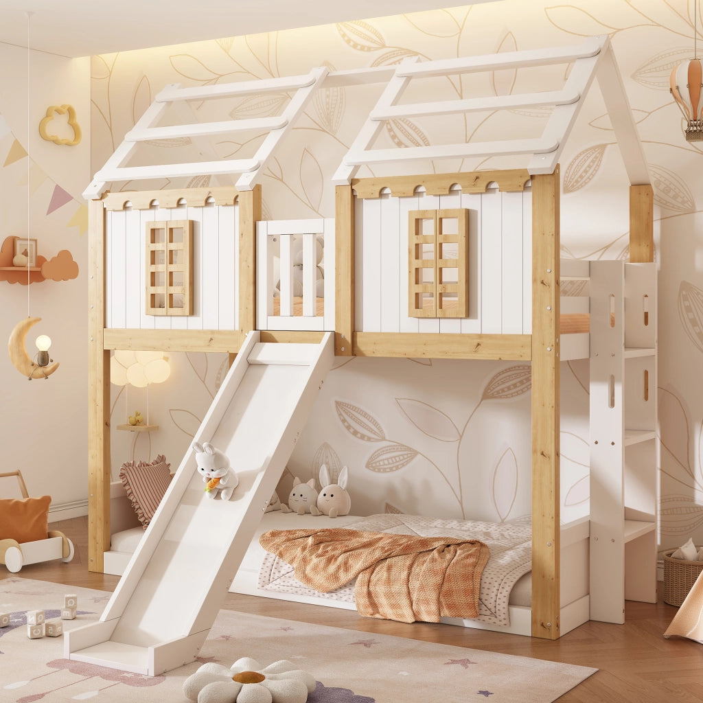 Letto a castello a casetta per bambini 90 x 200 cm; con scivolo; scala flessibile; protezione anticaduta a 360  ; finestra; struttura in legno; bianco