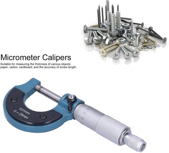 Diktemetro Professionale con Precisione 0,01 Mm - Manometro Buitenschroef - Misuratore Schuif - Strumento di Misura - Raggio di Misura 0-25 Mm - Risoluzione 0,03 Mm