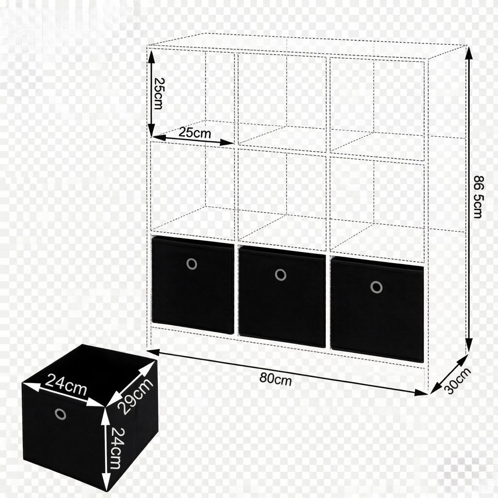 Libreria a cubi con 3 cassetti in tessuto legno ingegnerizzato bianco e nero 80 × 86.5 × 30 cm
