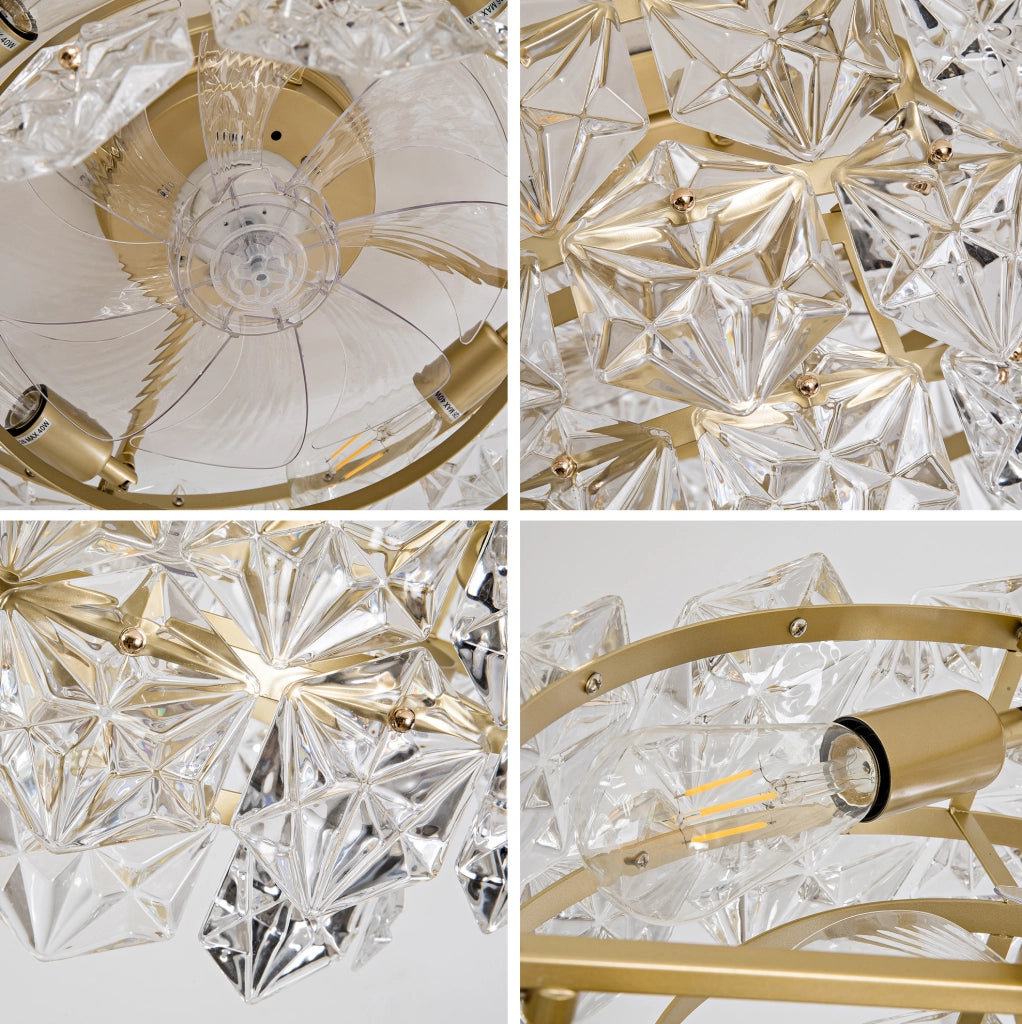 Ventilatore da soffitto 19" con lampadario a cristallo dorato, 6 velocità, motore DC silenzioso, controllo app e telecomando