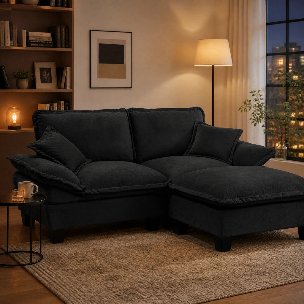 Divano modulare angolare 3 posti - con chaise longue mobile e cuscini - in ciniglia nera