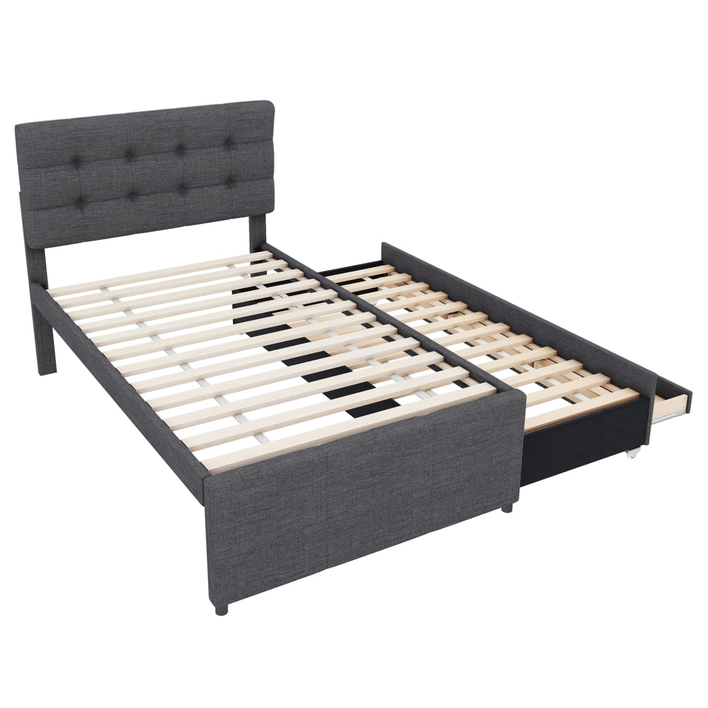 Letto singolo 90x200 cm con letto estraibile 90x190 cm, 3 cassetti e rivestimento in lino grigio