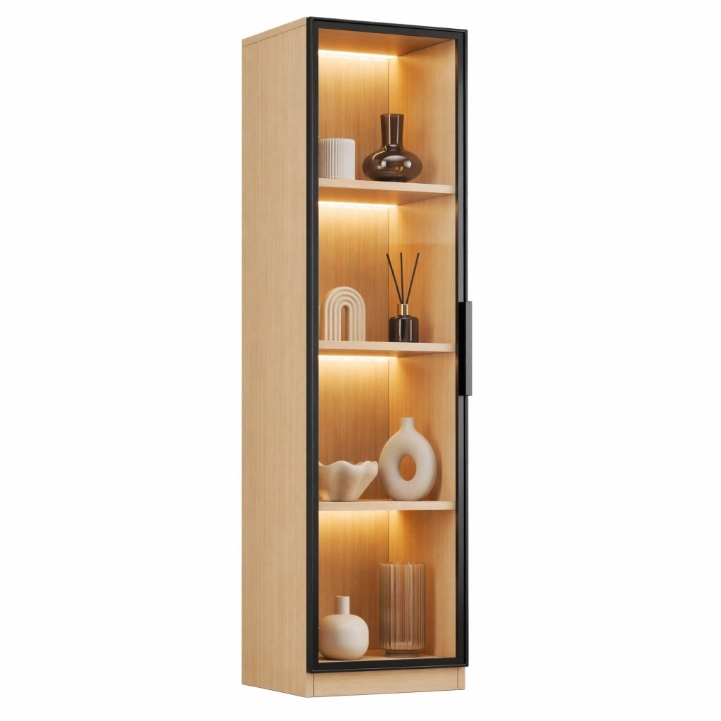Vetrina con anta in vetro temperato; LED multicolore regolabili e cerniere ammortizzate in MDF effetto rovere 40 × 40 × 165 cm