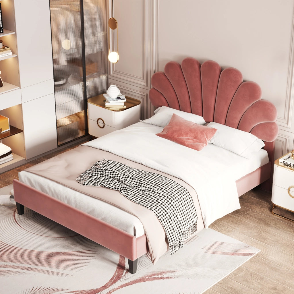 Letto matrimoniale imbottito 140 x 200 cm con testiera floreale; tessuto effetto velluto rosso fagiolo