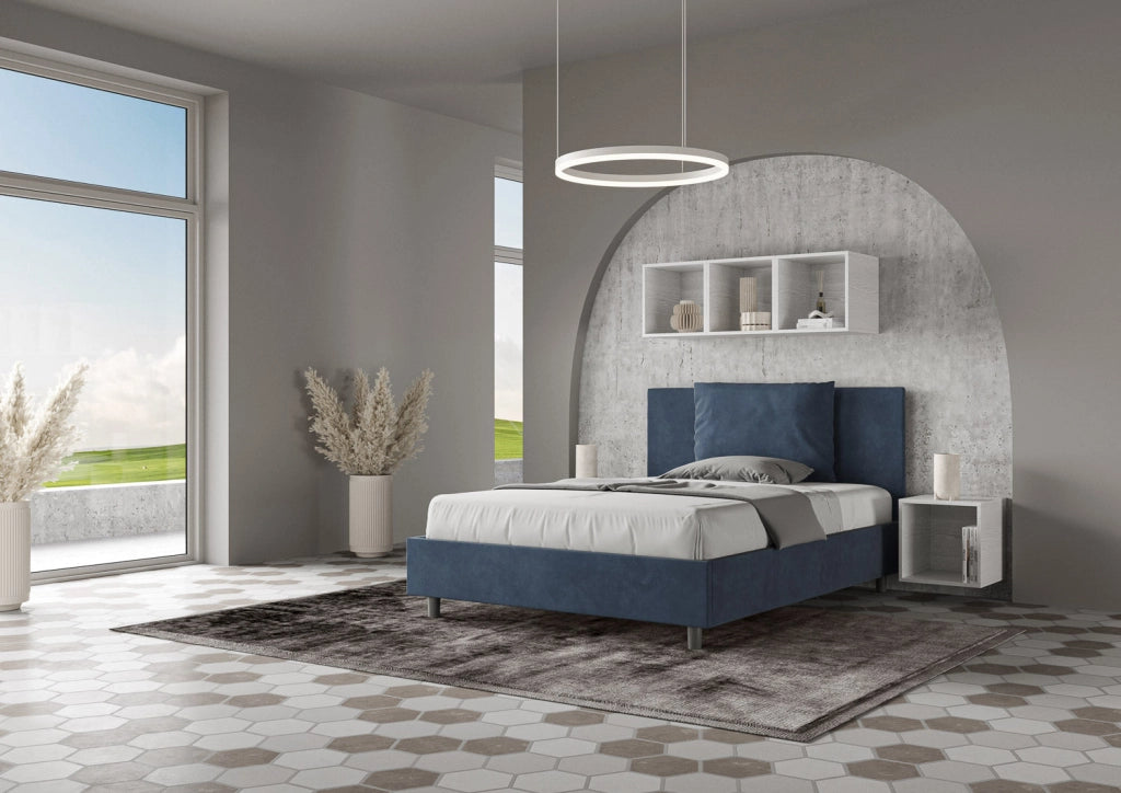 Letto Matrimoniale Francese 150x190 cm con Rete e Contenitore Antea Blu