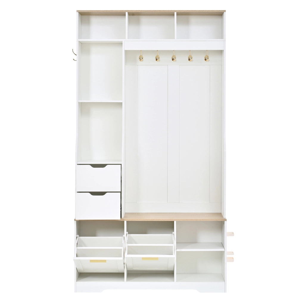 Mobile ingresso 100x32x186 cm in MDF bianco con seduta e vano scarpe