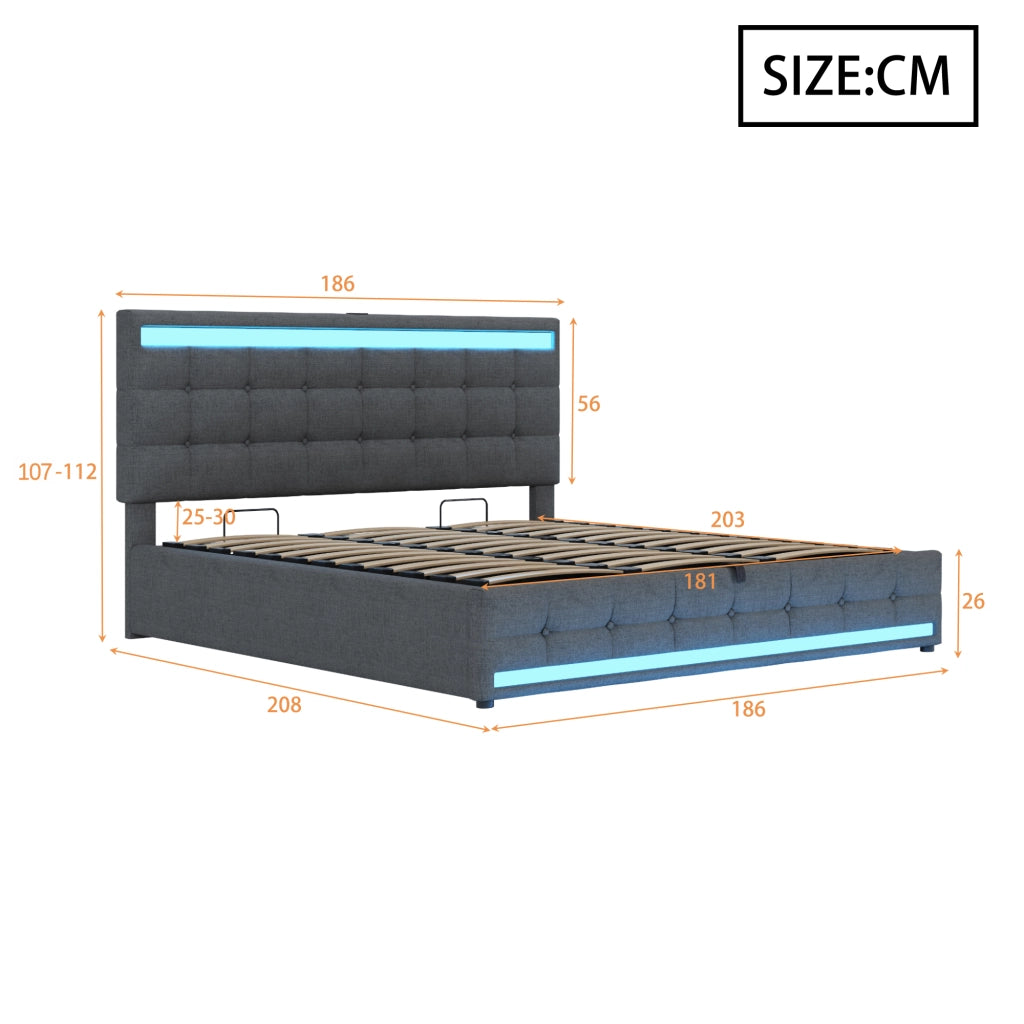 Letto imbottito 180 x 200 cm con contenitore idraulico, porta USB e striscia LED a colori variabili, letto singolo in lino, Grigio