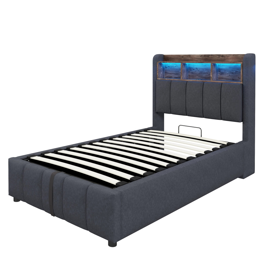 Letto per bambini imbottito 90x200 cm con LED; USB e Type-C; vano idraulico; testiera con ripiani; lino grigio