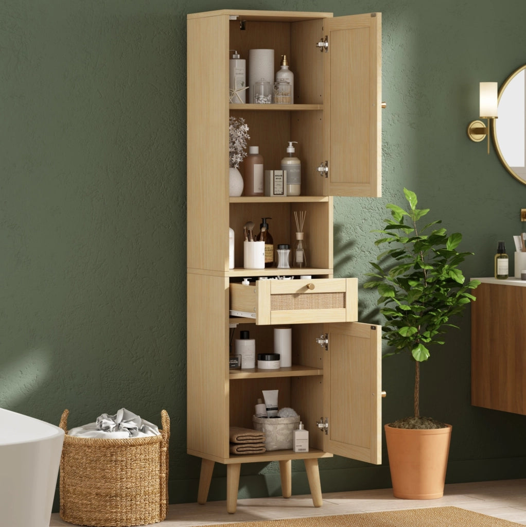 Colonna da bagno autoportante 166 cm con ante in rattan reversibili e cassetto, finitura legno naturale, 40×30×166 cm