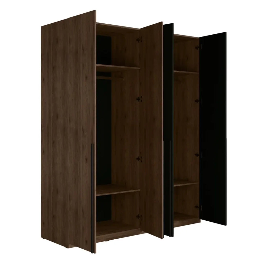 Armadio 4 porte NORVIK - Color noce e nero - Organizzazione ottimizzata con appendiabiti e scaffali