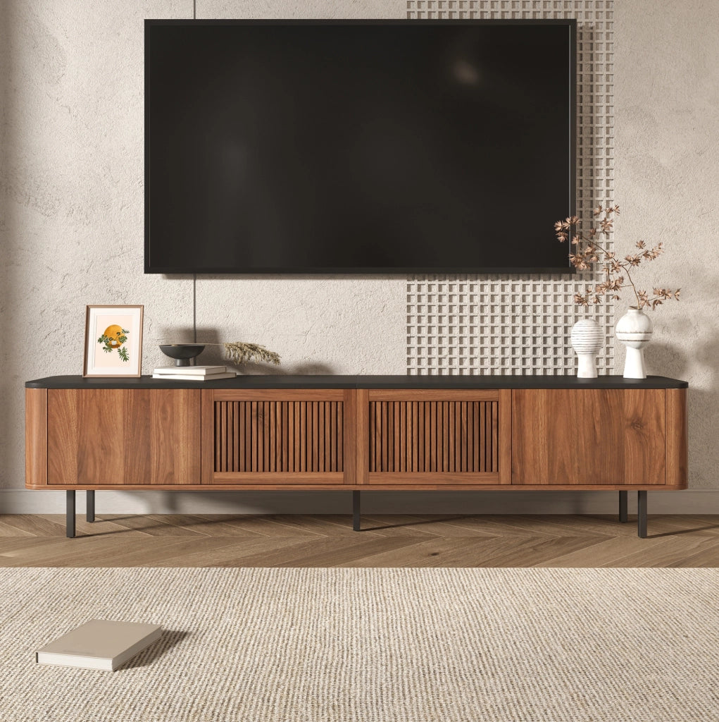 Mobile TV 190x35x45 cm con vani e ante a griglia in MDF e truciolare noce