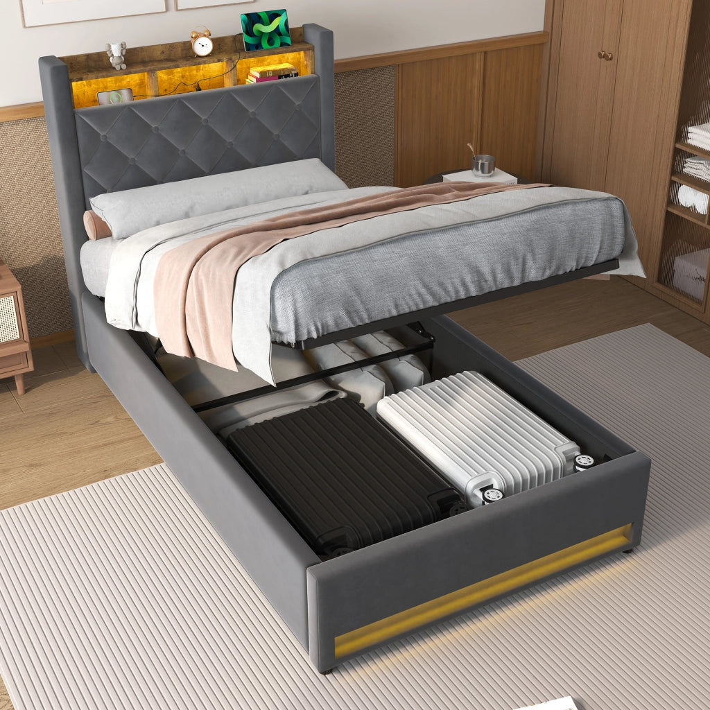 Letto Imbottito con Contenitore 90x190 cm Grigio in Velluto con LED e Porte USB