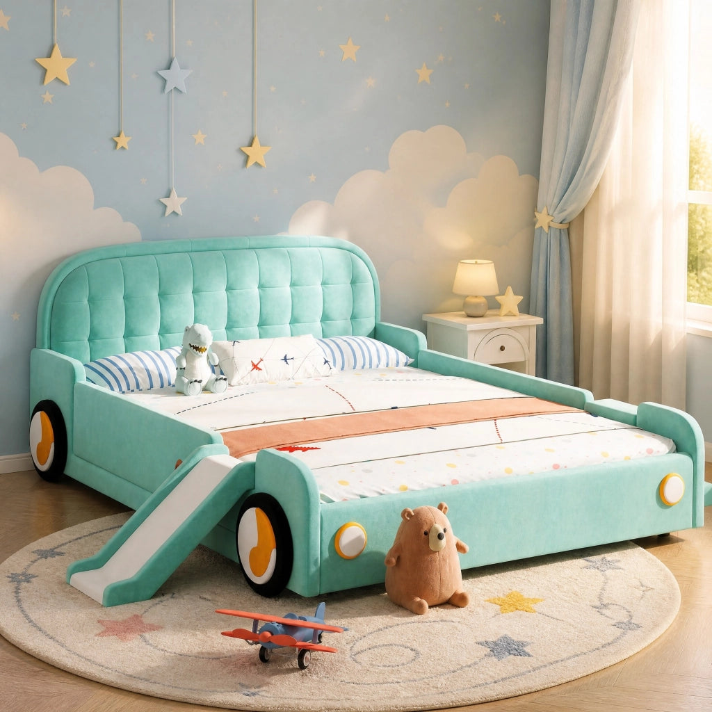 Letto per bambini 140x200 cm a forma di auto con scivolo e scala in velluto blu-verde
