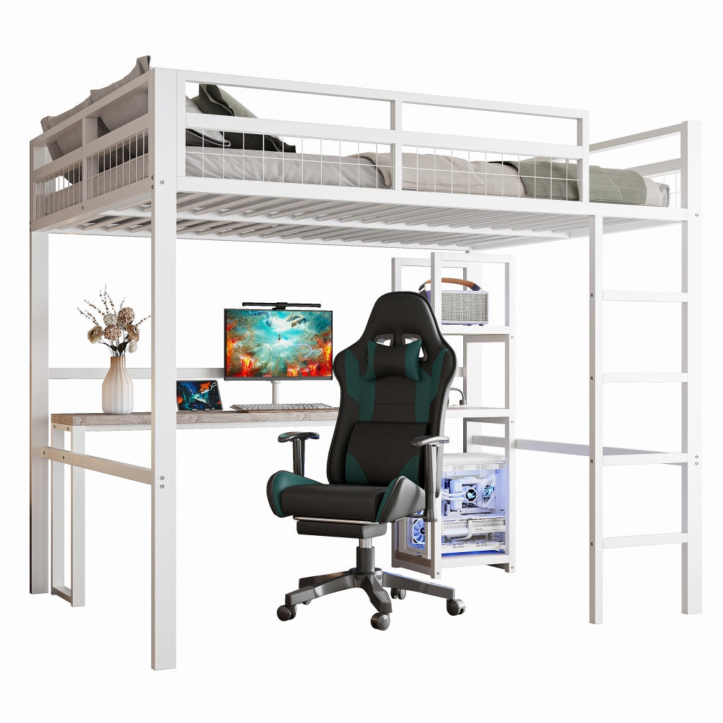 Letto a soppalco 140 × 200 cm con scrivania prese USB e type-c in metallo bianco ripiani scala e sponde