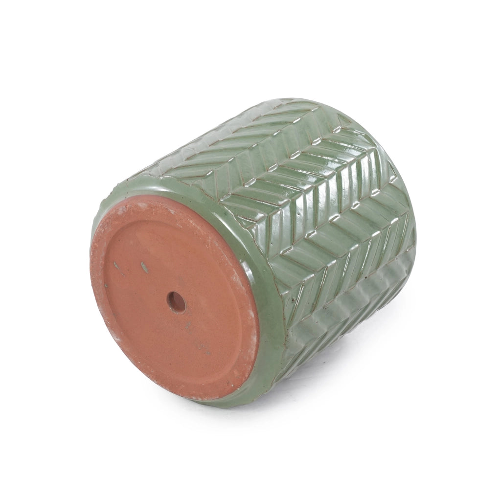 Vaso in ceramica mini Ø20 cm verde salvia lucido con rilievo a spina di pesce e foro di drenaggio