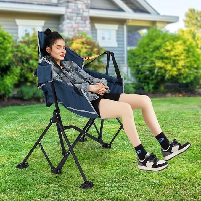 Sedia da Campeggio Amaca, Sedia a Dondolo Pieghevole con Portabicchieri, Schienale Regolabile, Poggiatesta, Sedile a Dondolo per Giardino, Patio, Prato, Portata 150 kg (Blu)