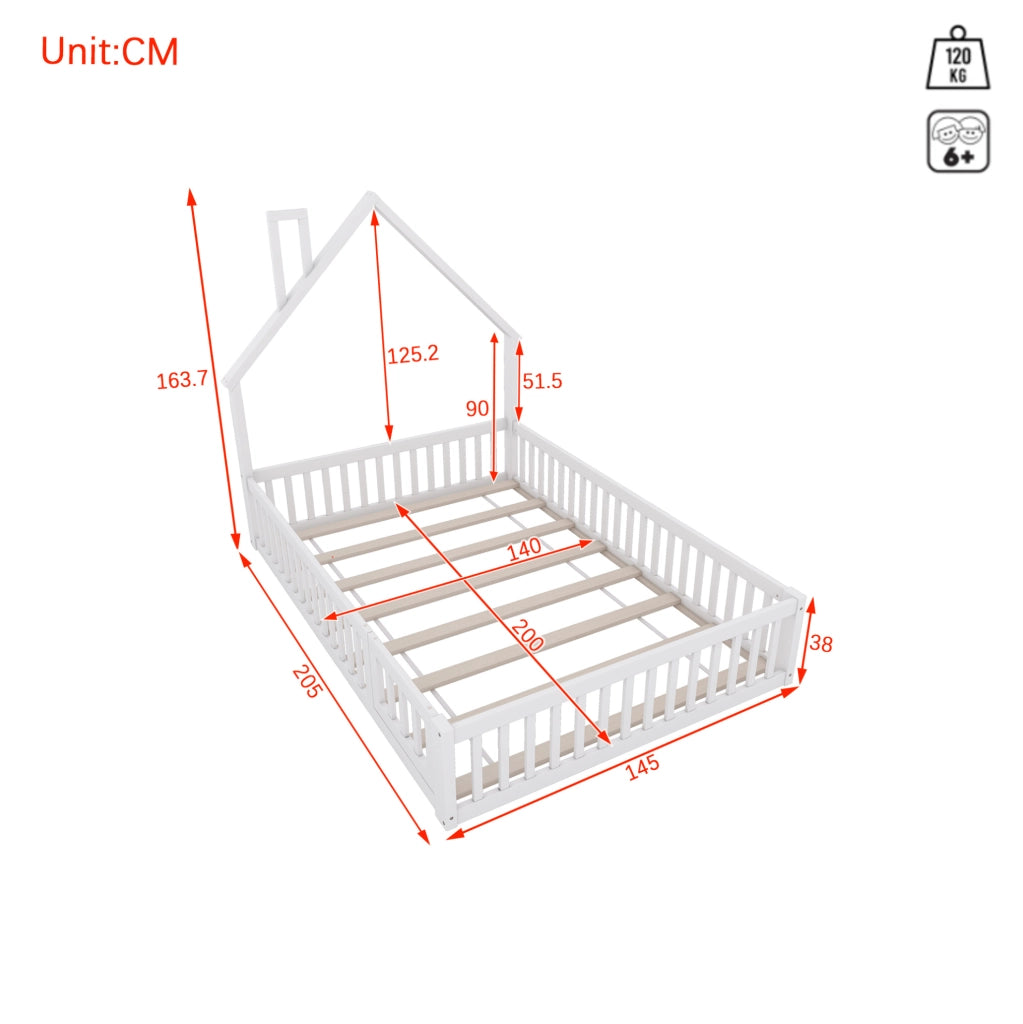 Letto per bambini 140x200 cm con design a camino, sponde di sicurezza e rete a doghe