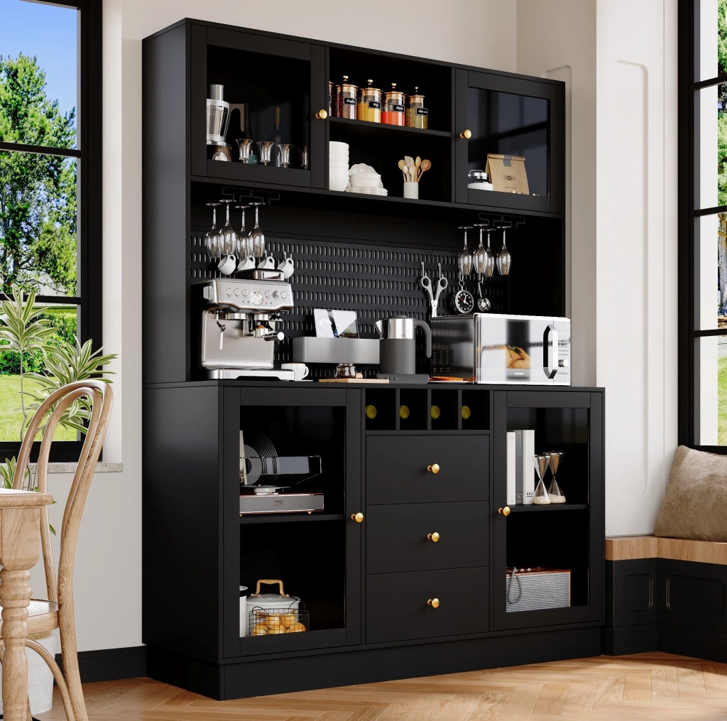 Mobile alto DESMIU con illuminazione LED smart, ripiani regolabili, portasciampagne e struttura anti-ribaltamento, nero 140x40x185,7 cm