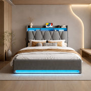 Letto contenitore 140x200 cm con LED, USB e Type-C, testiera con vano e ripiano, velluto grigio scuro