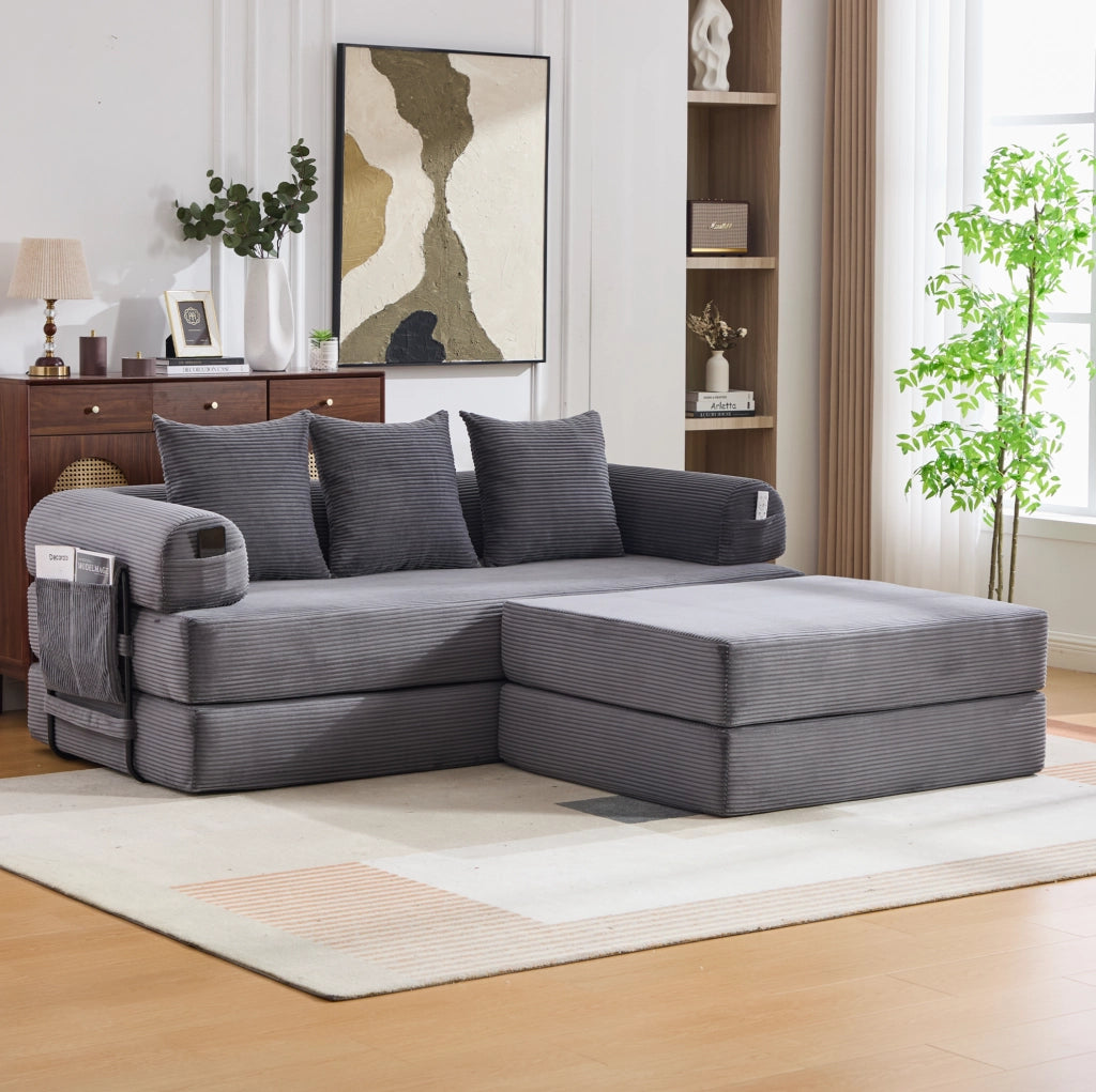 Divano modulare 200x190x67 cm in velluto a coste grigio scuro con tasca laterale