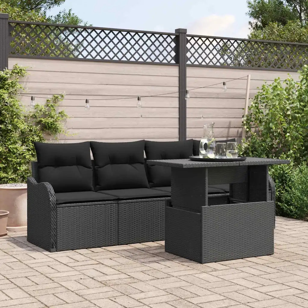 Set Divano da Giardino con cuscino 5 pcs Nero Poly Rattan