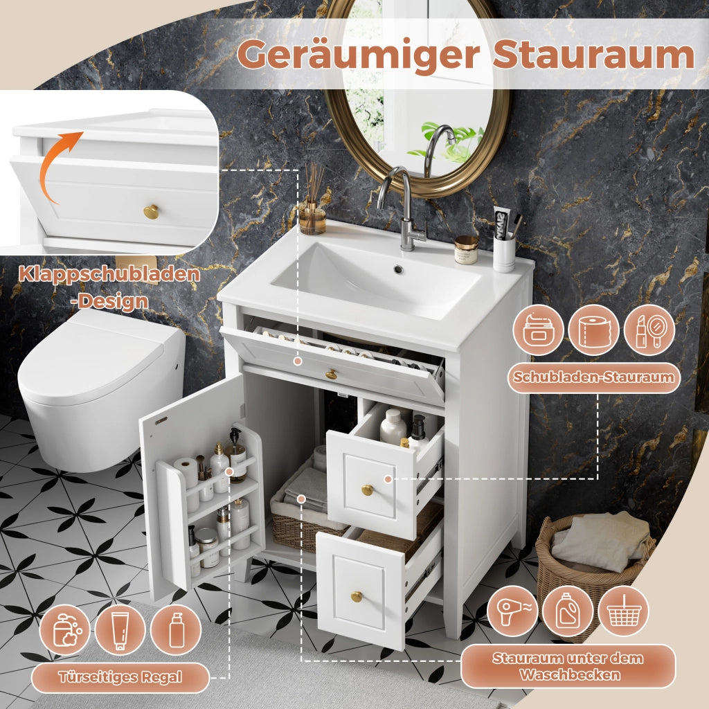 Mobile lavabo da terra 61 cm bianco lucido con lavabo in ceramica e maniglie dorate