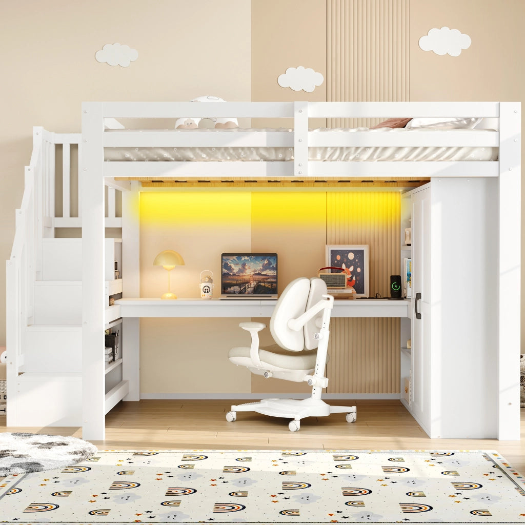 Letto a soppalco 140x200 con scrivania; armadio e LED; bianco