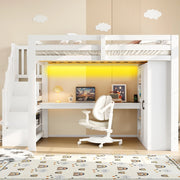 Letto a soppalco 140x200 con scrivania; armadio e LED; bianco