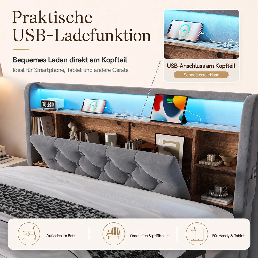 Letto imbottito contenitore ¨C Minimal ¨C grigio scuro velluto 140x200cm con testiera LED idraulico rete a doghe