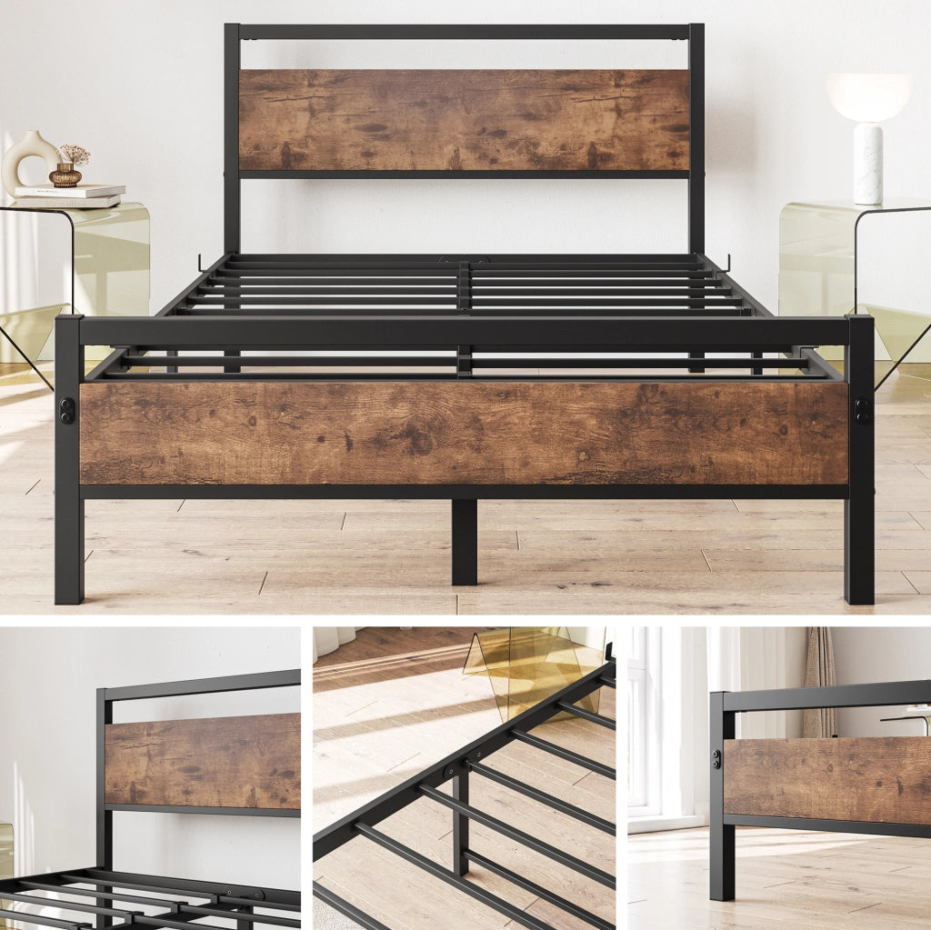 Letto 140x200 cm con rete a doghe in acciaio e pannelli in MDF marrone antico