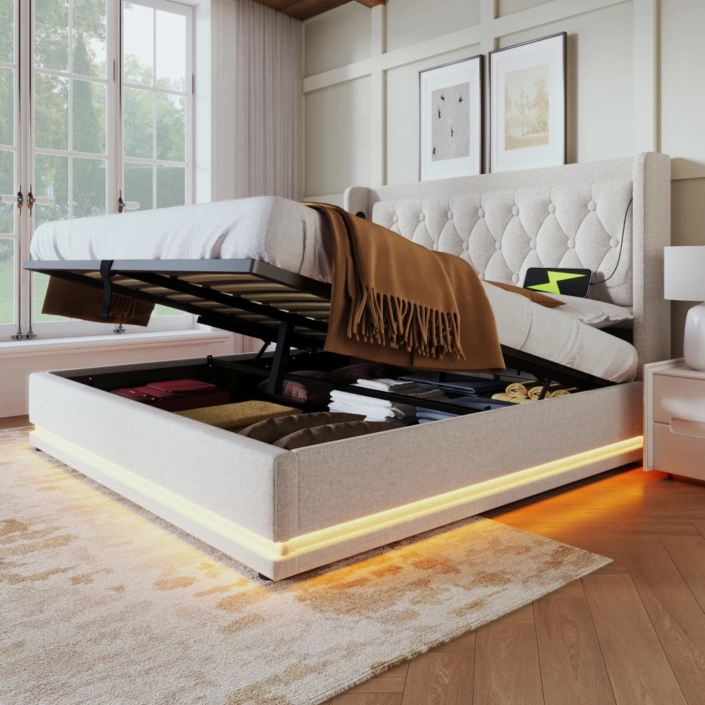 Letto imbottito contenitore 140x200 cm con LED; USB e Type-C; testiera trapuntata; cotone beige