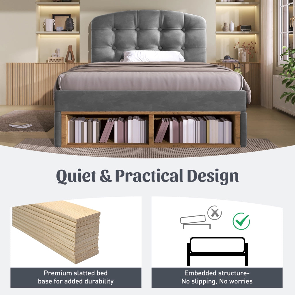 Letto con cassetti 90 × 200 cm con rete a doghe testiera regolabile rivestito in velluto grigio con vani aperti