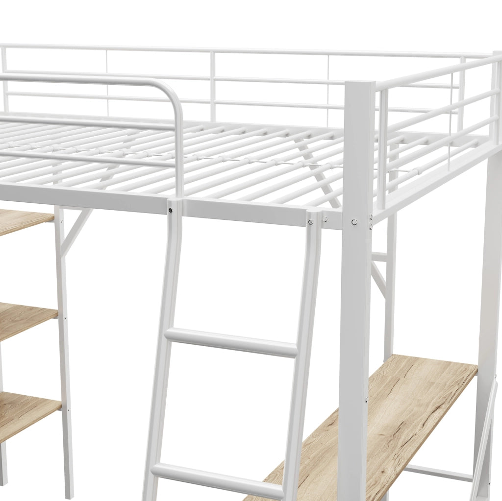 Letto a soppalco 90x200 cm con scrivania e ripiani; MDF e metallo; bianco