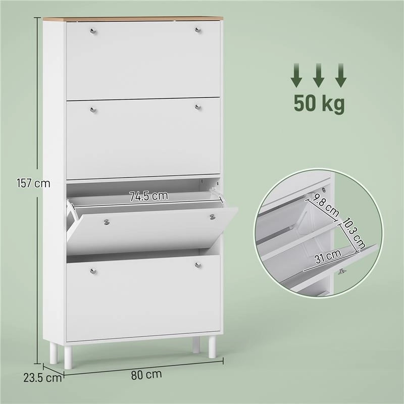 SCARPIERA SLIM CON 4 CASSETTI RIBALTABILI E RIPIANI REGOLABILI PER 24-32 SCARPE, 80X23.5X157 CM, BIANCO