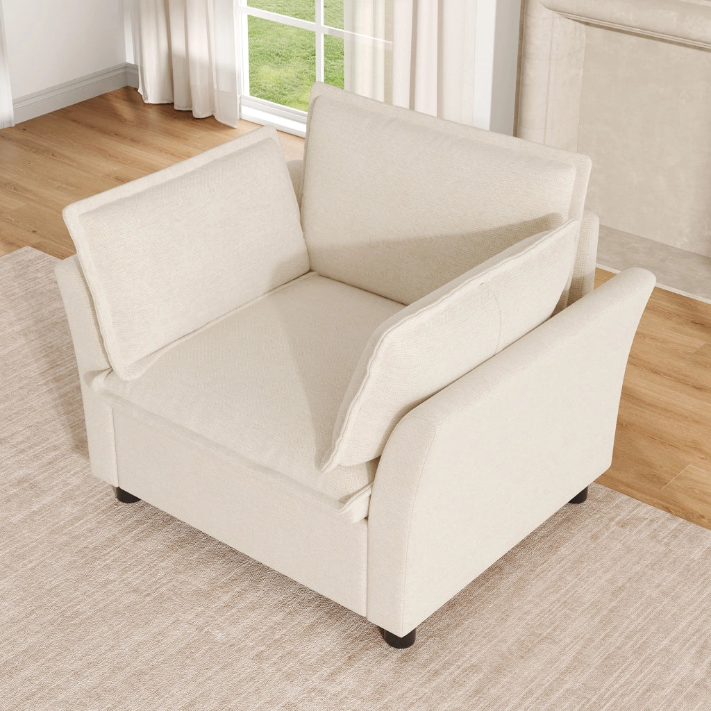 Poltrona relax con braccioli, cuscini e seduta profonda per soggiorno con struttura in metallo in chenille beige