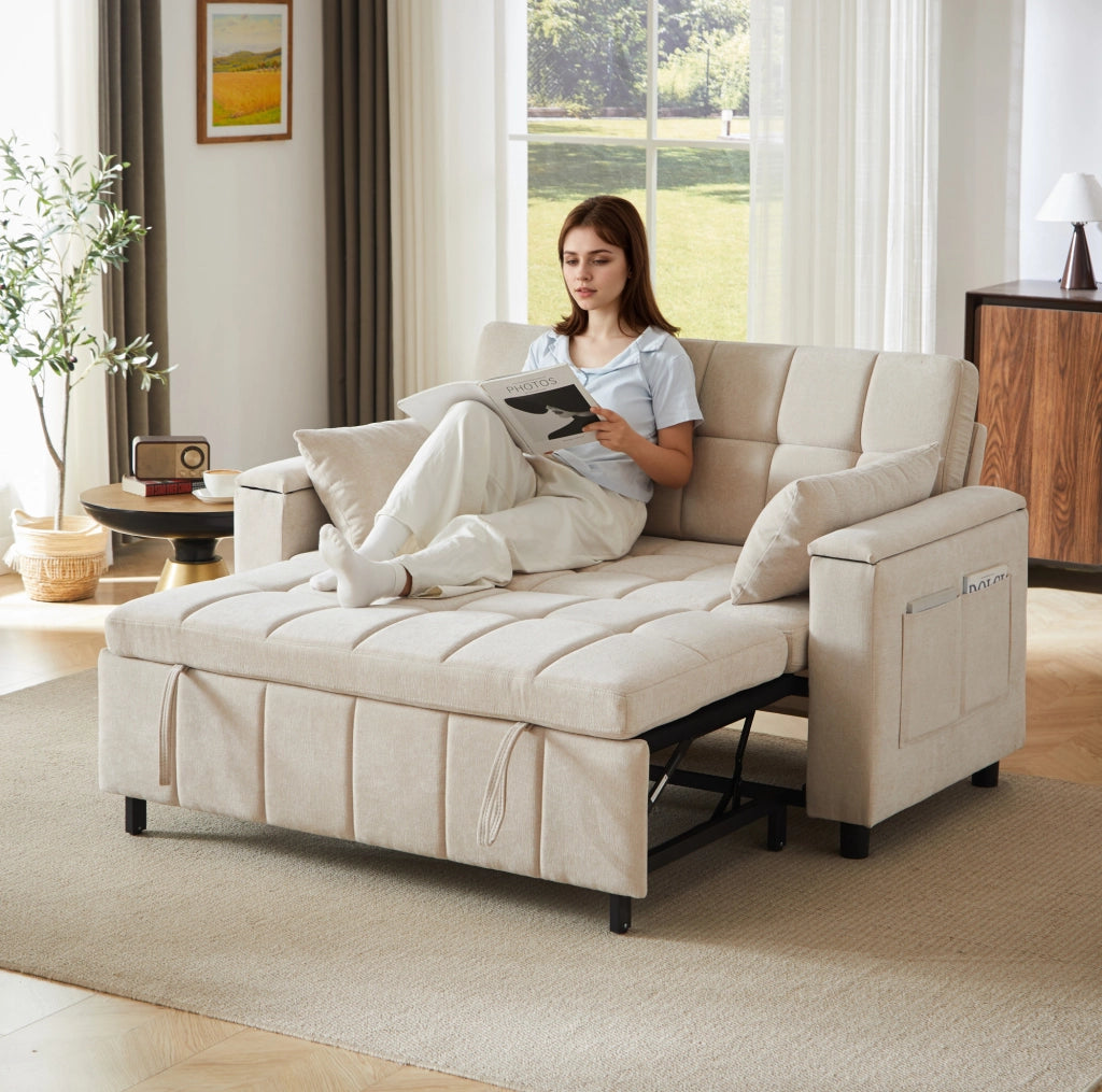 Divano letto 2 posti ULEVR 3 in 1 in ciniglia beige con braccioli contenitore e tasche laterali