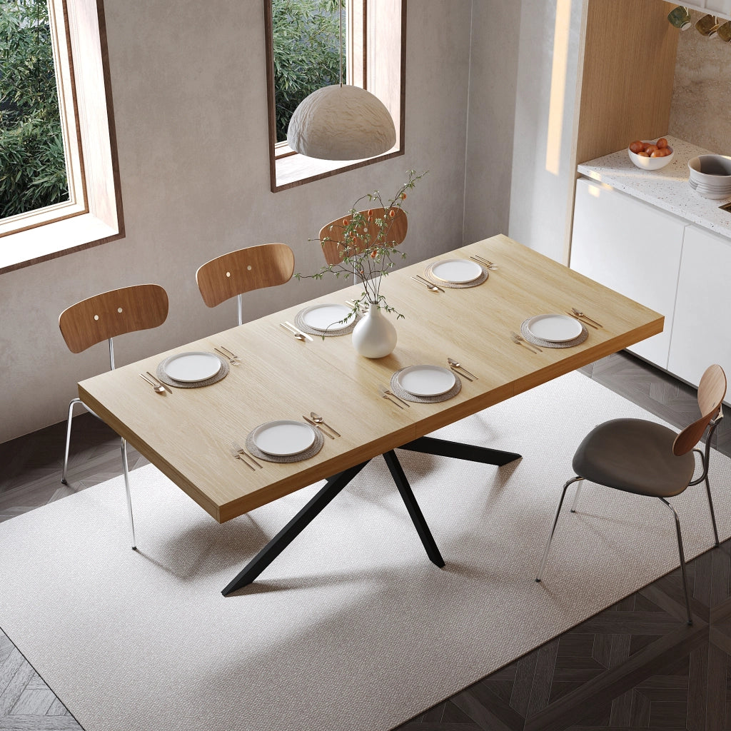 Tavolo allungabile da pranzo con vano contenitore piano in MDF naturale base in metallo nero 140-180 × 80 × 76 cm