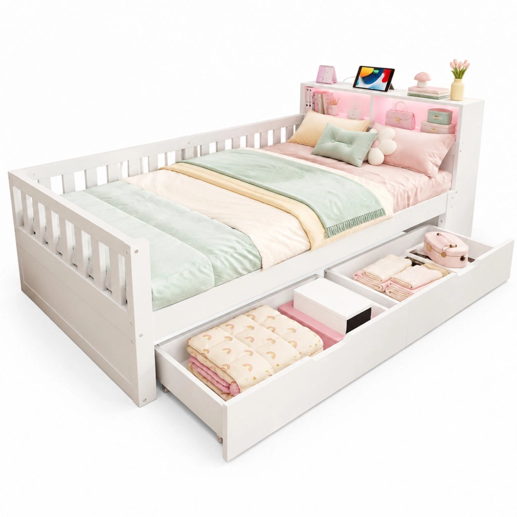 Letto multifunzione singolo con contenitori e LED