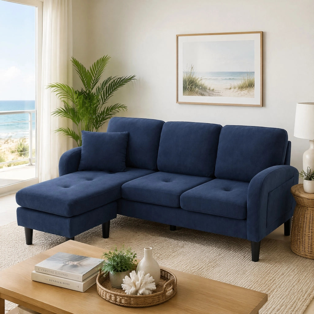 Divano angolare modulare blu, 3 posti, con chaise longue