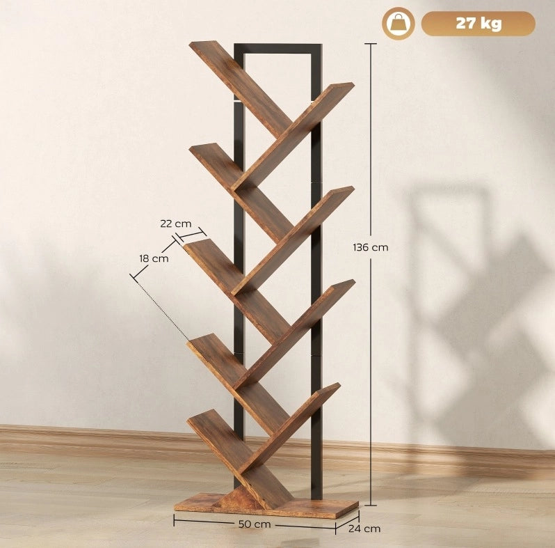 Libreria ad albero a 9 ripiani marrone rustico 50x24x136 cm