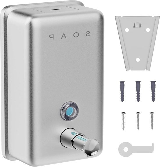 Dispensatore di sapone per installazione a parete in acciaio inossidabile - Capacità 1100 ml - Adatto per sapone liquido, shampoo e detersivo - Costruito in metallo liscio - Installazione in bagno e cucina