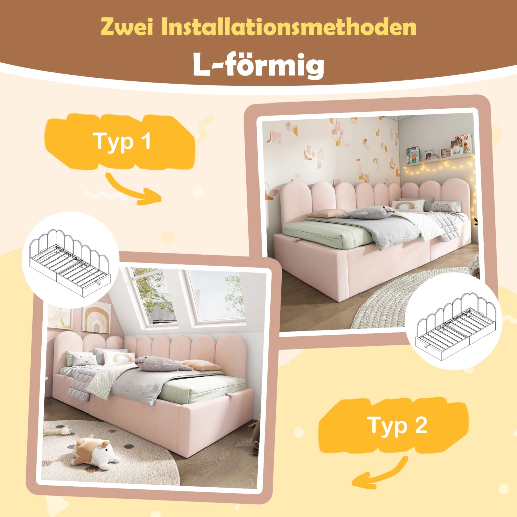 Letto divano contenitore 90x190 cm imbottito in velluto con apertura idraulica; rosa