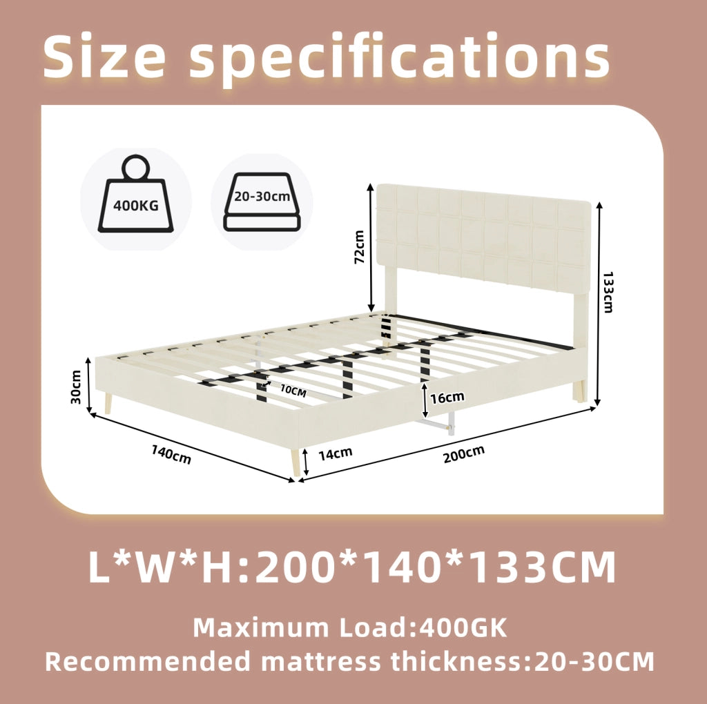 Letto matrimoniale 140 x 200 cm in tessuto beige con testiera imbottita a quadri