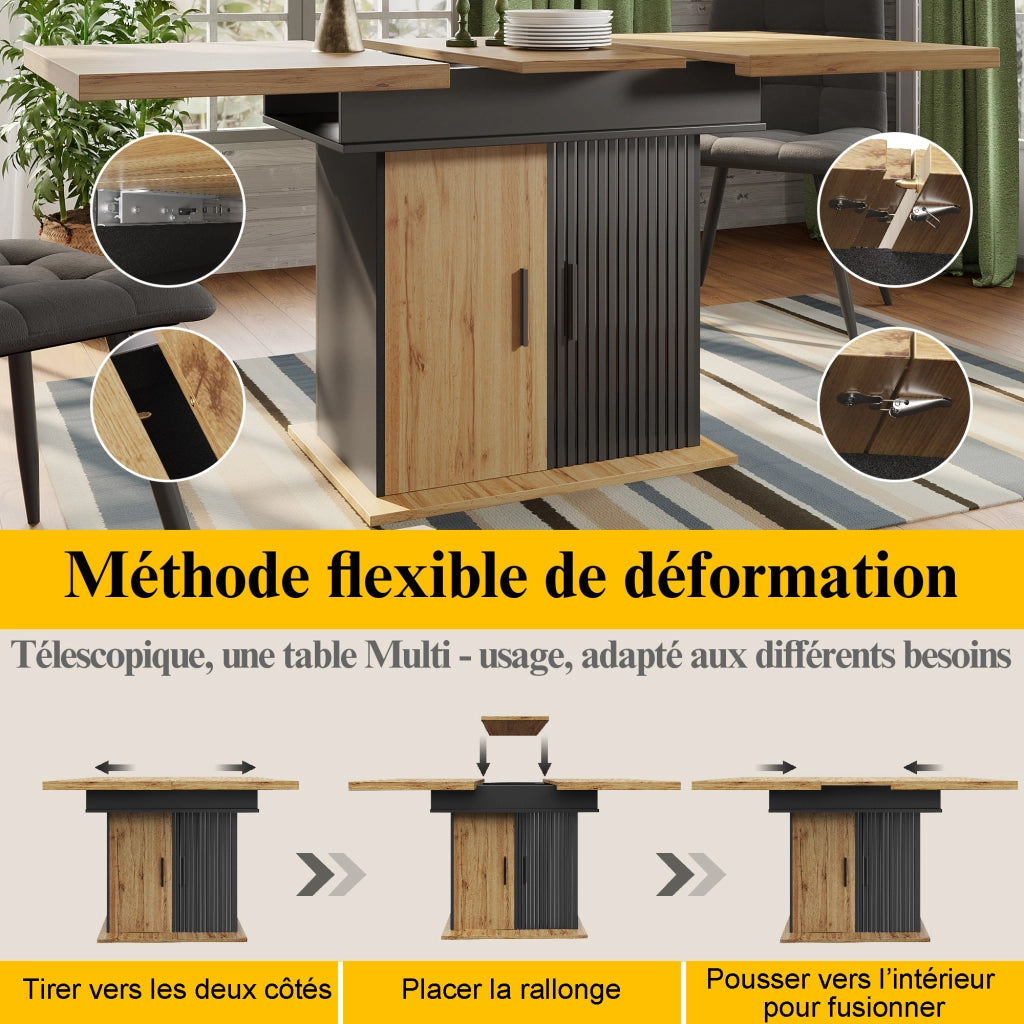 Tavolo allungabile con vano contenitore e ripiani regolabili in MDF e metallo nero naturale 110–140 × 80 × 75 cm