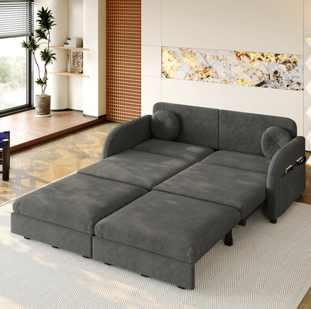Divano letto estraibile 3-in-1 queen size 166 cm in chenille grigio con cuscini e tasche contenitive laterali