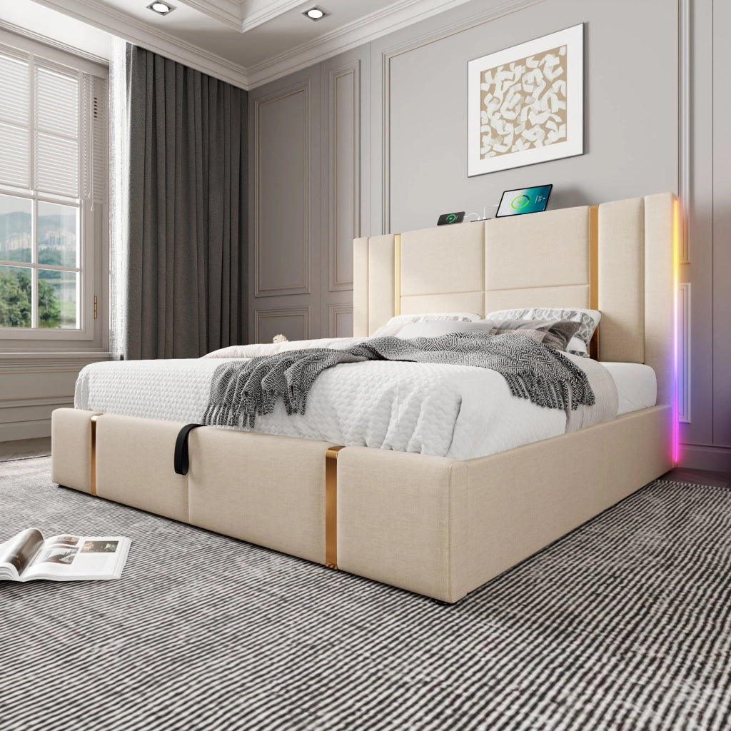 Letto con contenitore 160 × 200 cm imbottito in lino beige con LED RGB USB e Type-C rete a doghe in legno